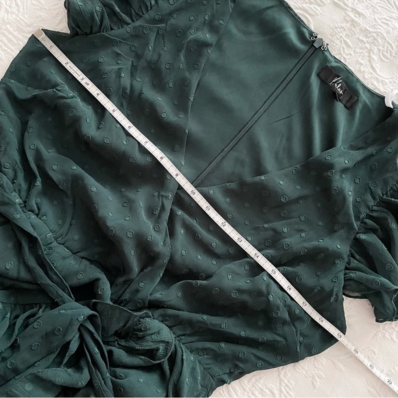 NWOT Lulus Have Harmony Dark Green Swiss Dot Ruffled Faux Wrap Midi Dress Large - Picture 9 of 10